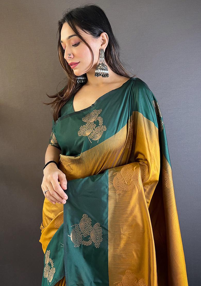 Gold Zari Embroidered Soft Silk Saree Set