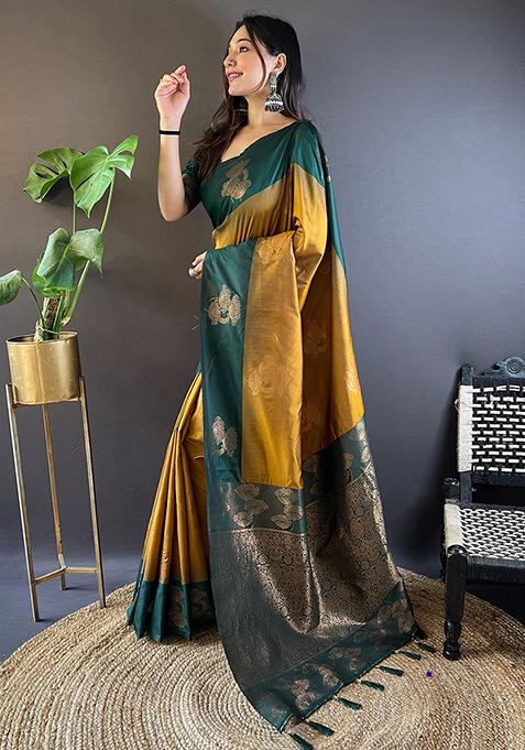 Gold Zari Embroidered Soft Silk Saree Set