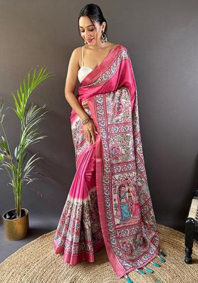 Pink Printed Tussar Silk Saree Set