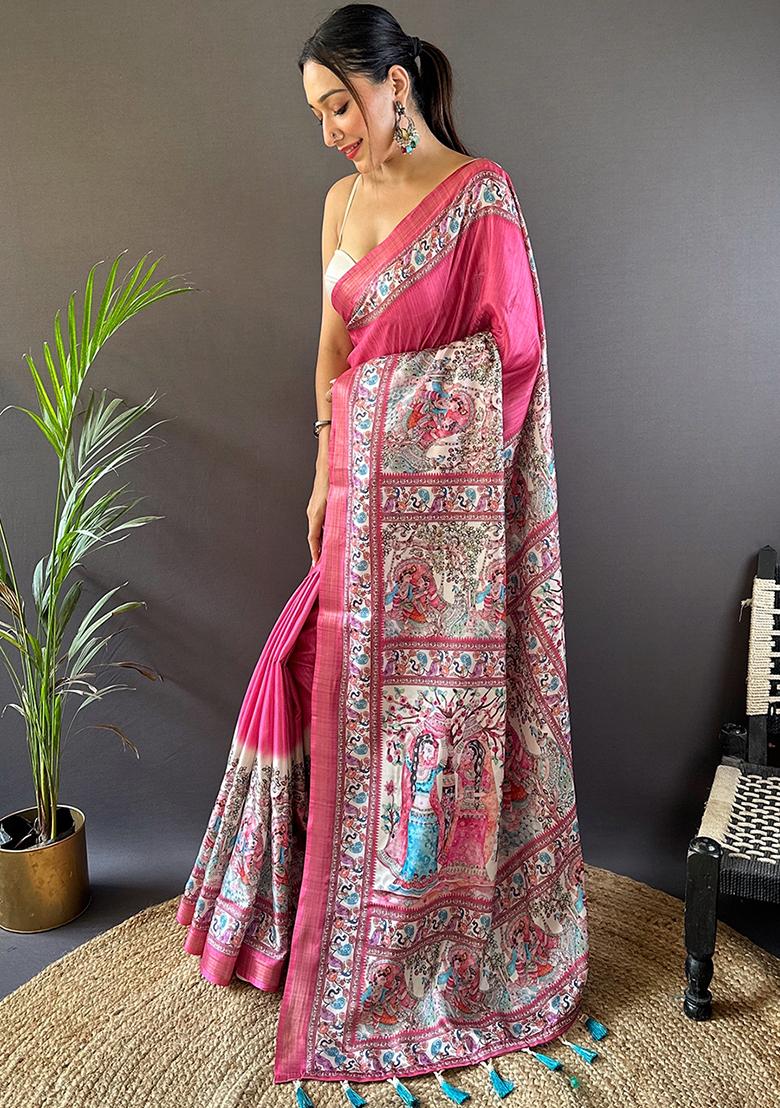 Pink Printed Tussar Silk Saree Set