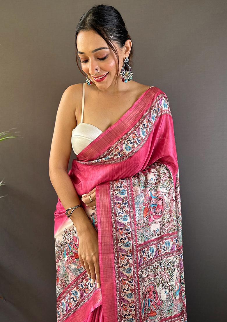 Pink Printed Tussar Silk Saree Set