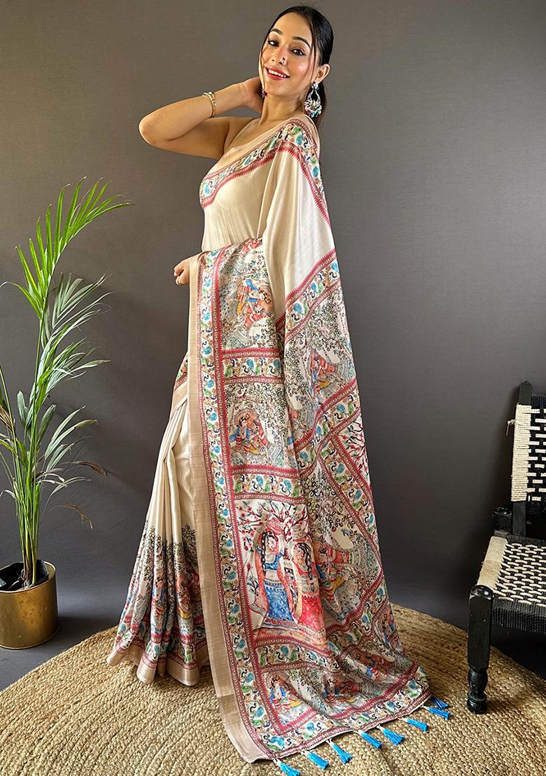 Beige Printed Tussar Silk Saree Set