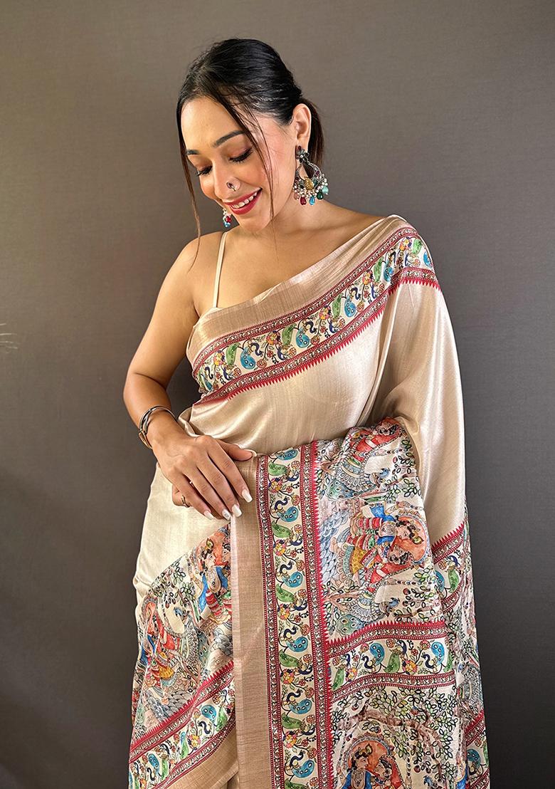 Beige Printed Tussar Silk Saree Set