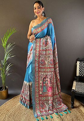 Blue Printed Tussar Silk Saree Set