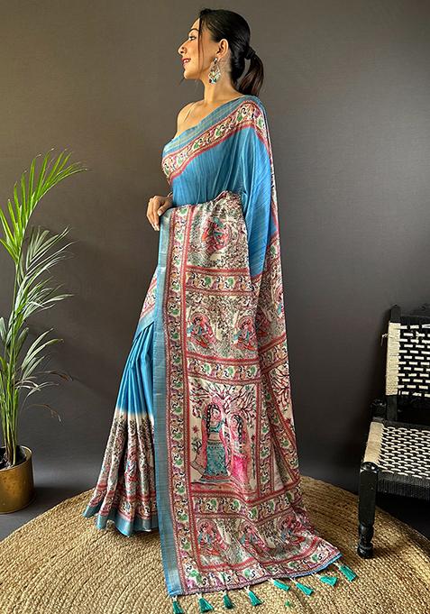 Blue Printed Tussar Silk Saree Set