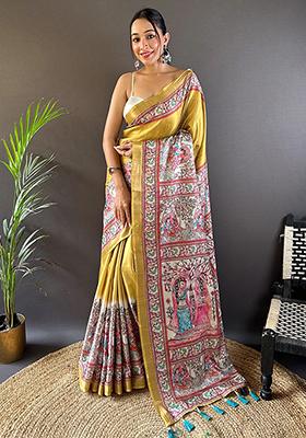 Gold Printed Tussar Silk Saree Set