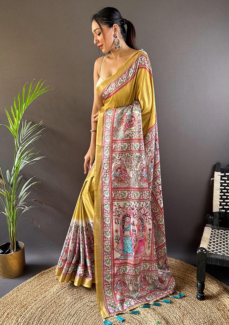 Gold Printed Tussar Silk Saree Set