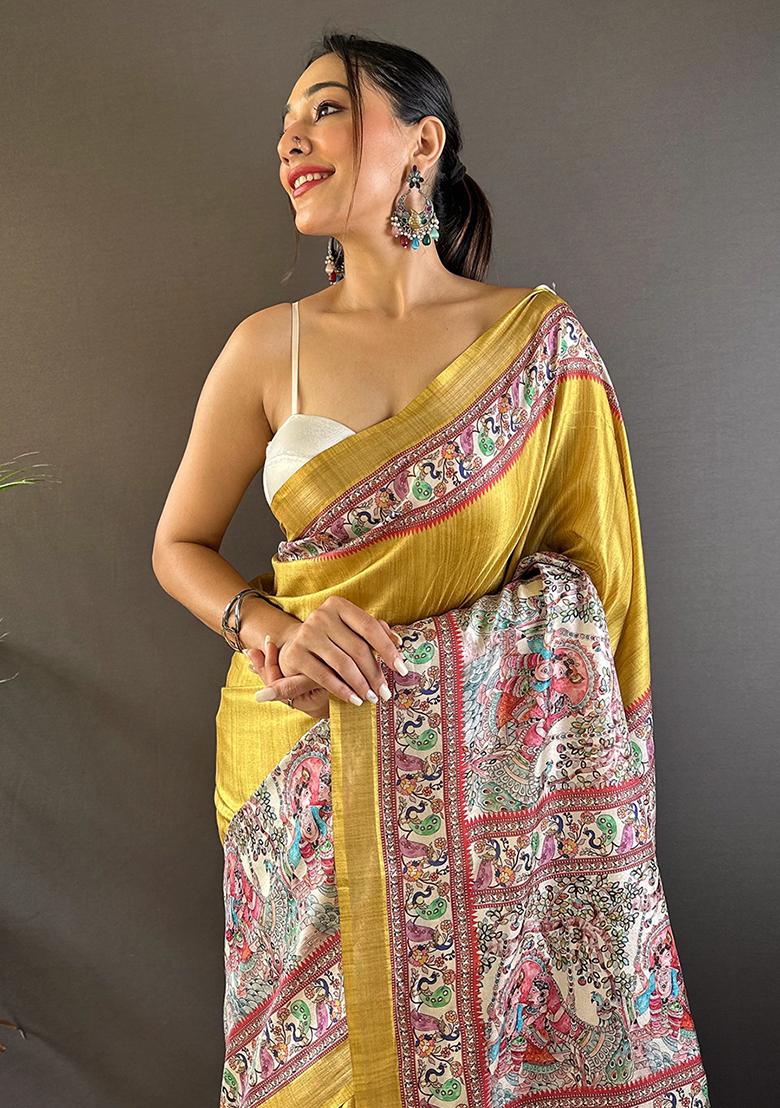 Gold Printed Tussar Silk Saree Set