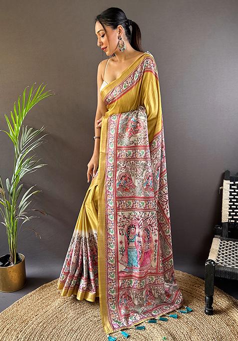 Gold Printed Tussar Silk Saree Set