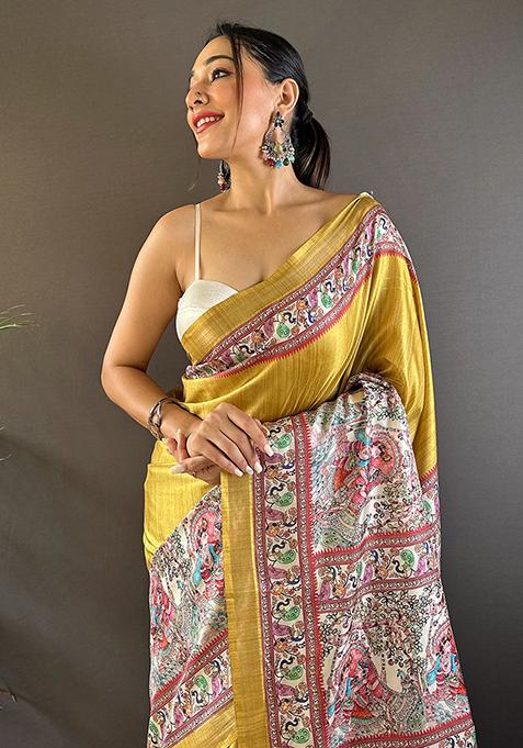 Gold Printed Tussar Silk Saree Set