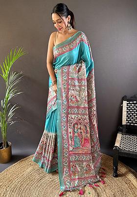 Sea Green Printed Tussar Silk Saree Set