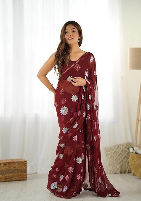 Coffee Embroidered Diamond Silk Saree Set