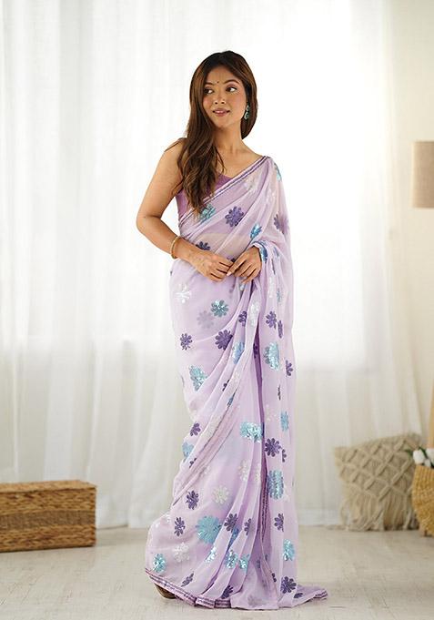 Lavender Embroidered Diamond Silk Saree Set