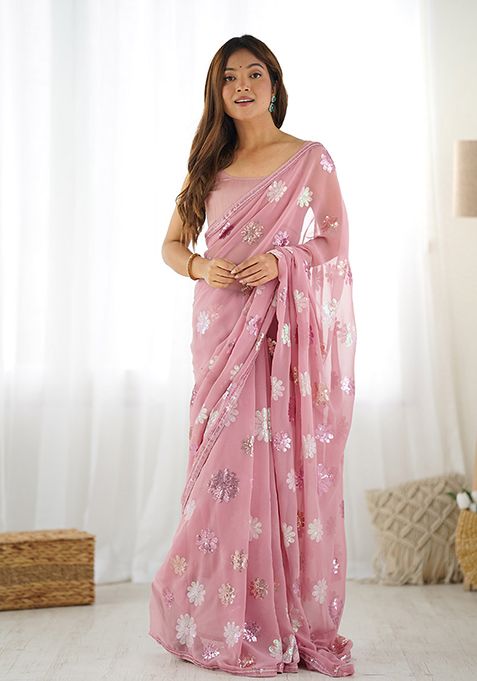 Pink Embroidered Diamond Silk Saree Set