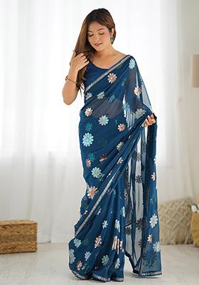 Teal Blue Embroidered Diamond Silk Saree Set