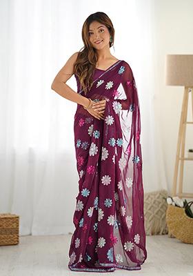 Wine Embroidered Diamond Silk Saree Set