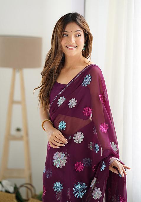 Wine Embroidered Diamond Silk Saree Set