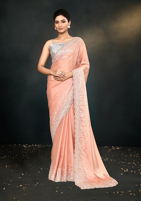 Peach Embroidered Satin Silk Saree Set