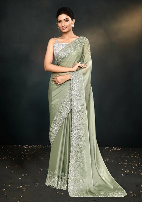 Green Embroidered Satin Silk Saree Set