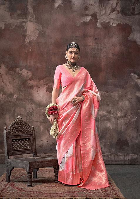 Peach Weaving Design Rangkat Silk Saree Set