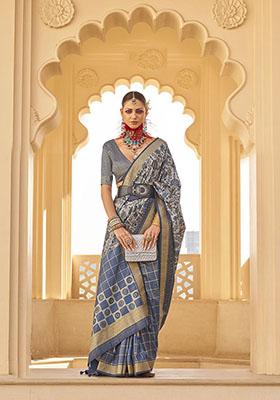 Grey Printed Viscose Poly Silk Saree Set