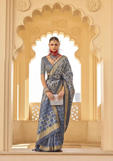 Grey Printed Viscose Poly Silk Saree Set