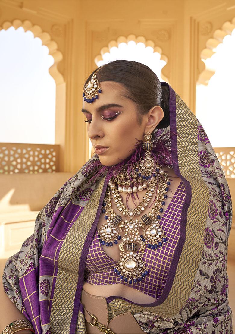 Purple Printed Viscose Poly Silk Saree Set