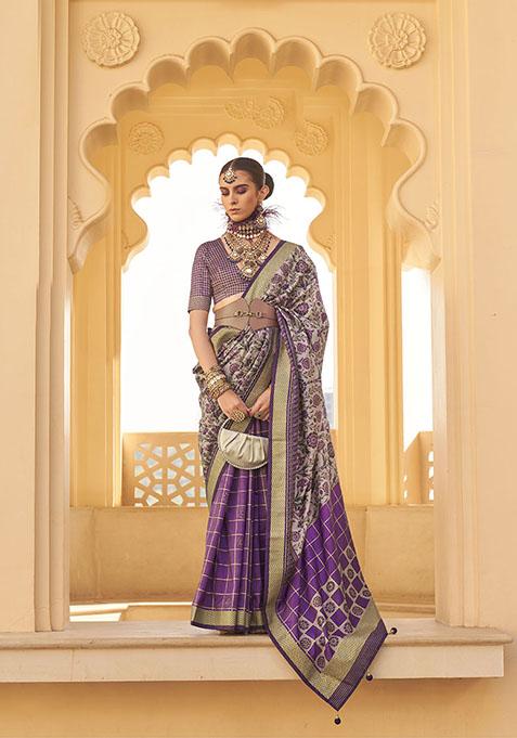 Purple Printed Viscose Poly Silk Saree Set