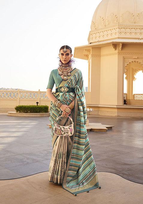 Sea Green Printed Viscose Poly Silk Saree Set