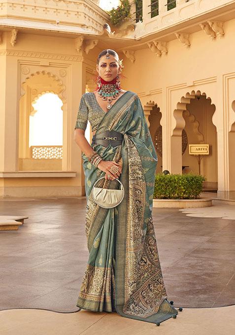 Green Printed Viscose Poly Silk Saree Set