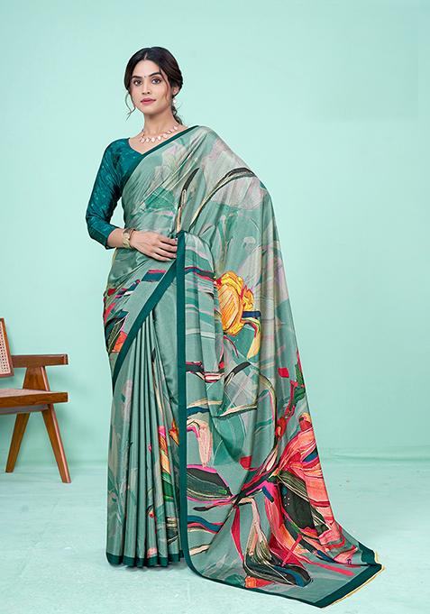 Green Printed Crepe Soft Silk Saree Set