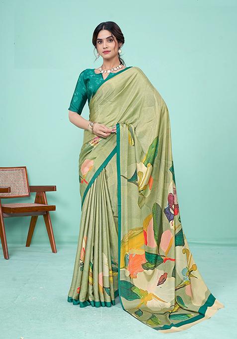 Pista Printed Crepe Soft Silk Saree Set