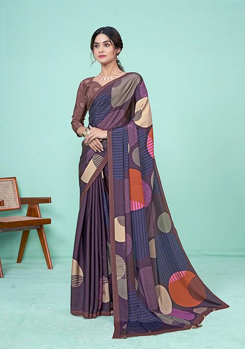 Dark Purple Printed Crepe Soft Silk Saree Set