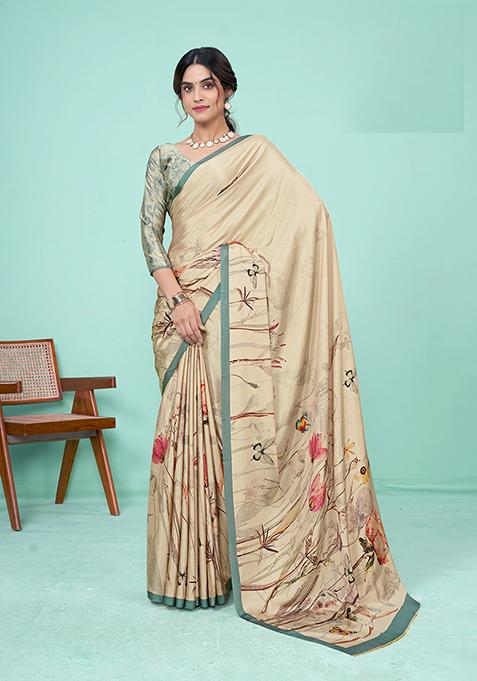 Cream Printed Crepe Soft Silk Saree Set