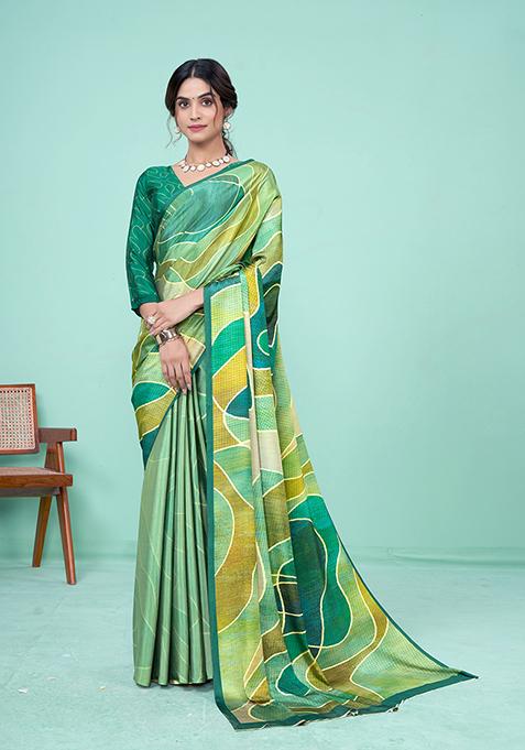 Green Printed Crepe Soft Silk Saree Set