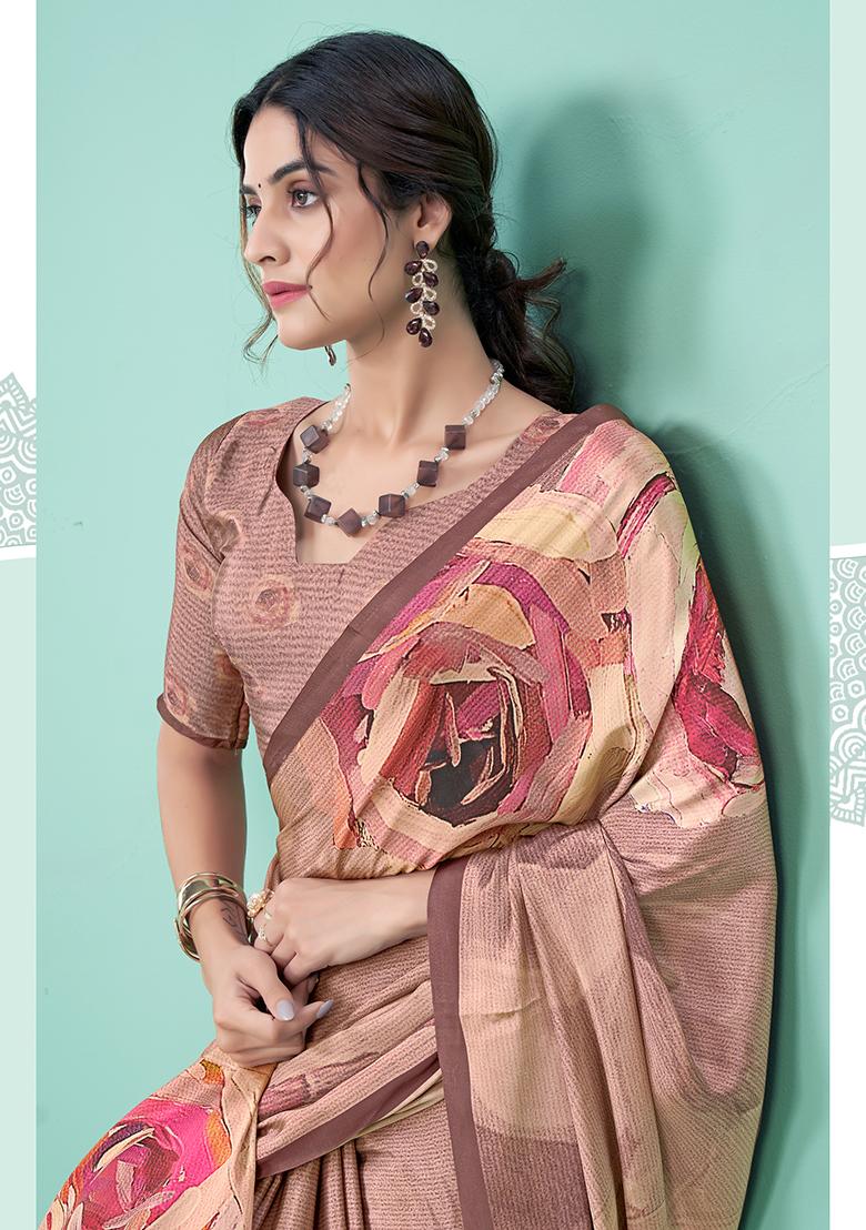 Brown Printed Crepe Soft Silk Saree Set - Indya