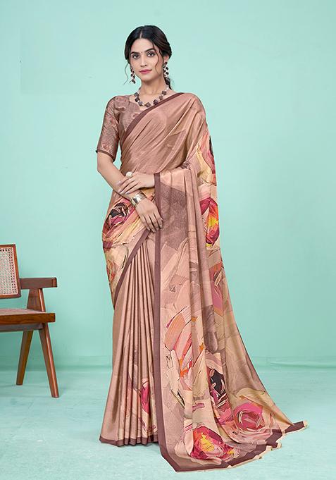 Brown Printed Crepe Soft Silk Saree Set