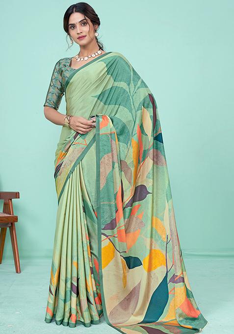 Green Printed Crepe Soft Silk Saree Set