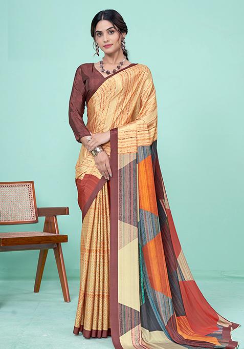 Yellow Printed Crepe Soft Silk Saree Set