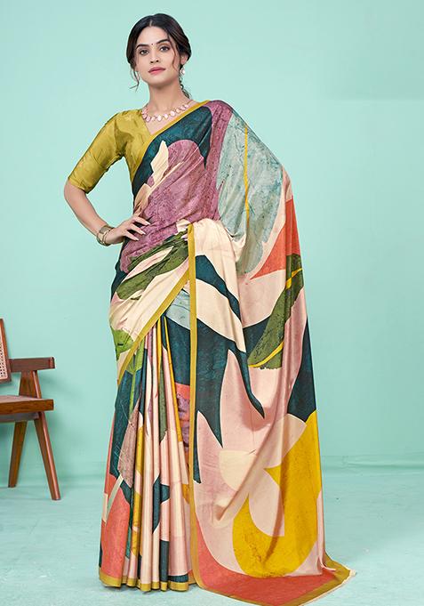 Multicolour Printed Crepe Soft Silk Saree Set