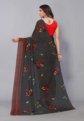 Grey Floral Poly Georgette Saree Set