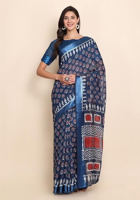 Blue Batik Print Silk Blend Saree Set