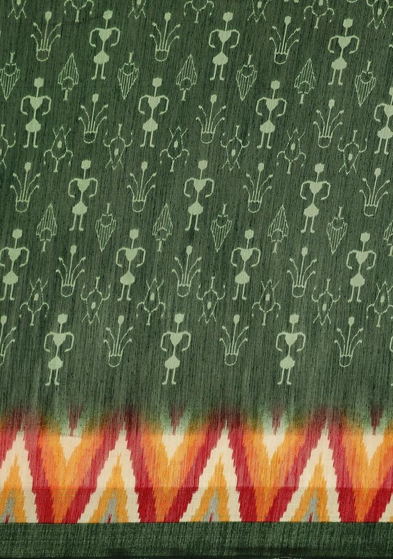 Green Geometric Poly Silk Saree Set - Indya