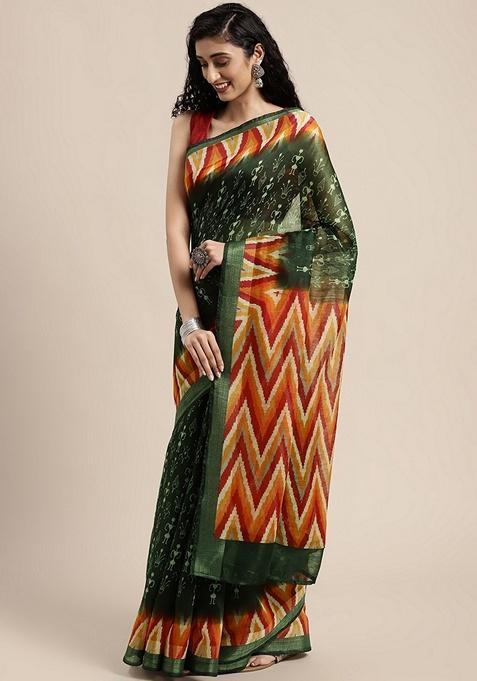 Green Geometric Poly Silk Saree Set