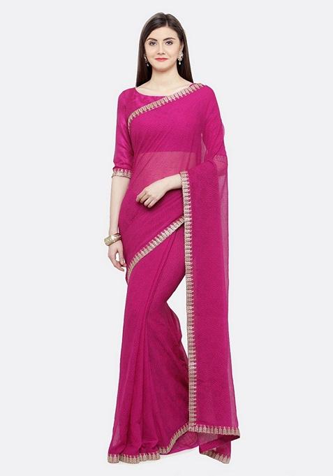 Pink Solid Poly Chiffon Saree Set