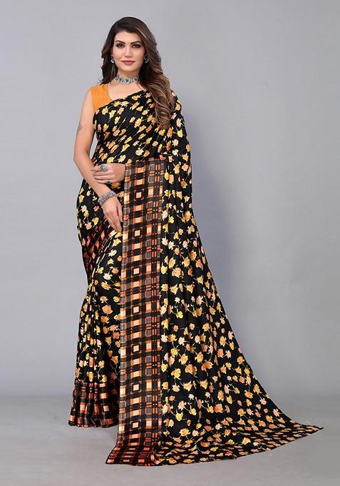 Black Floral Art Silk Saree Set