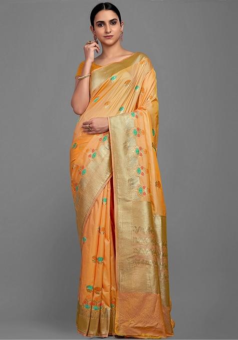 Orange Floral Silk Blend Saree Set