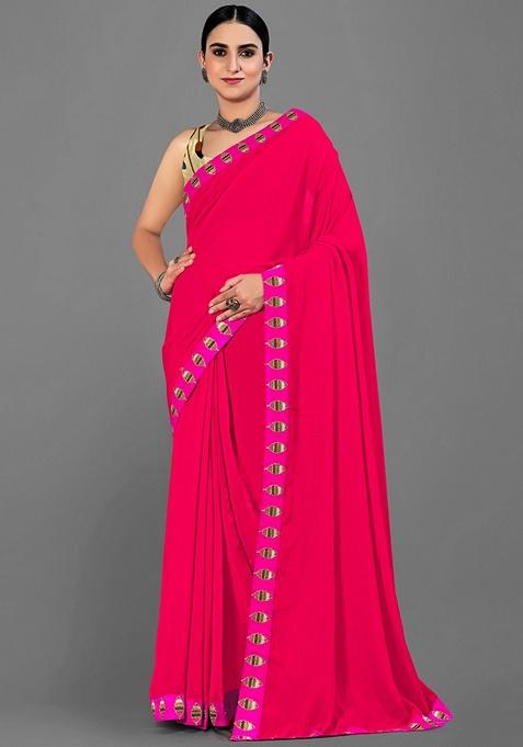 Pink Solid Poly Georgette Saree Set