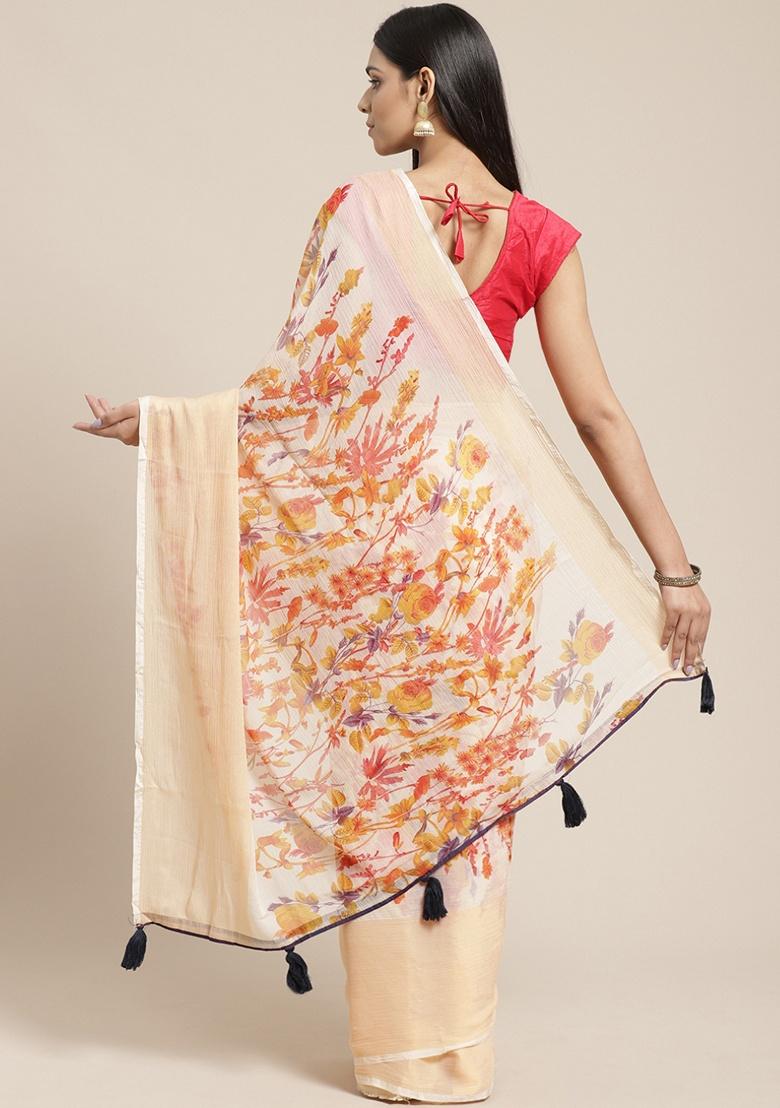 Beige Floral Poly Georgette Saree Set - Indya