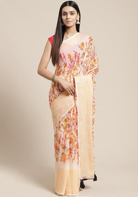 Beige Floral Poly Georgette Saree Set